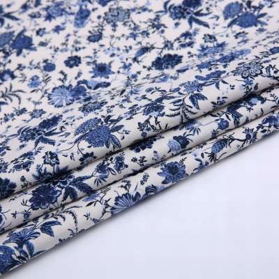 55% Linen 45% cotton woven blue flower hand block Japanese shirting print fabric for dress